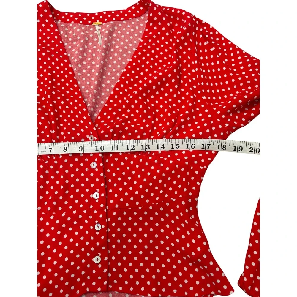 Free People Love Street Red Polka Dot Top S Puff Sleeve Peplum Feminine Retro